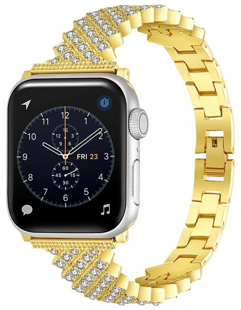 Премиум металлический ремешок со стразами блочный для Apple Watch Series 1-8 и Ultra - 42/44/45/49 мм (эпл вотч), золотой