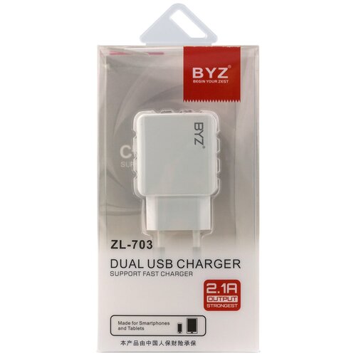 Сетевое ЗУ BYZ ZL-703 EU, 2хUSB-А, 2.1А, с разделением на ОС (Android и iOS), белый