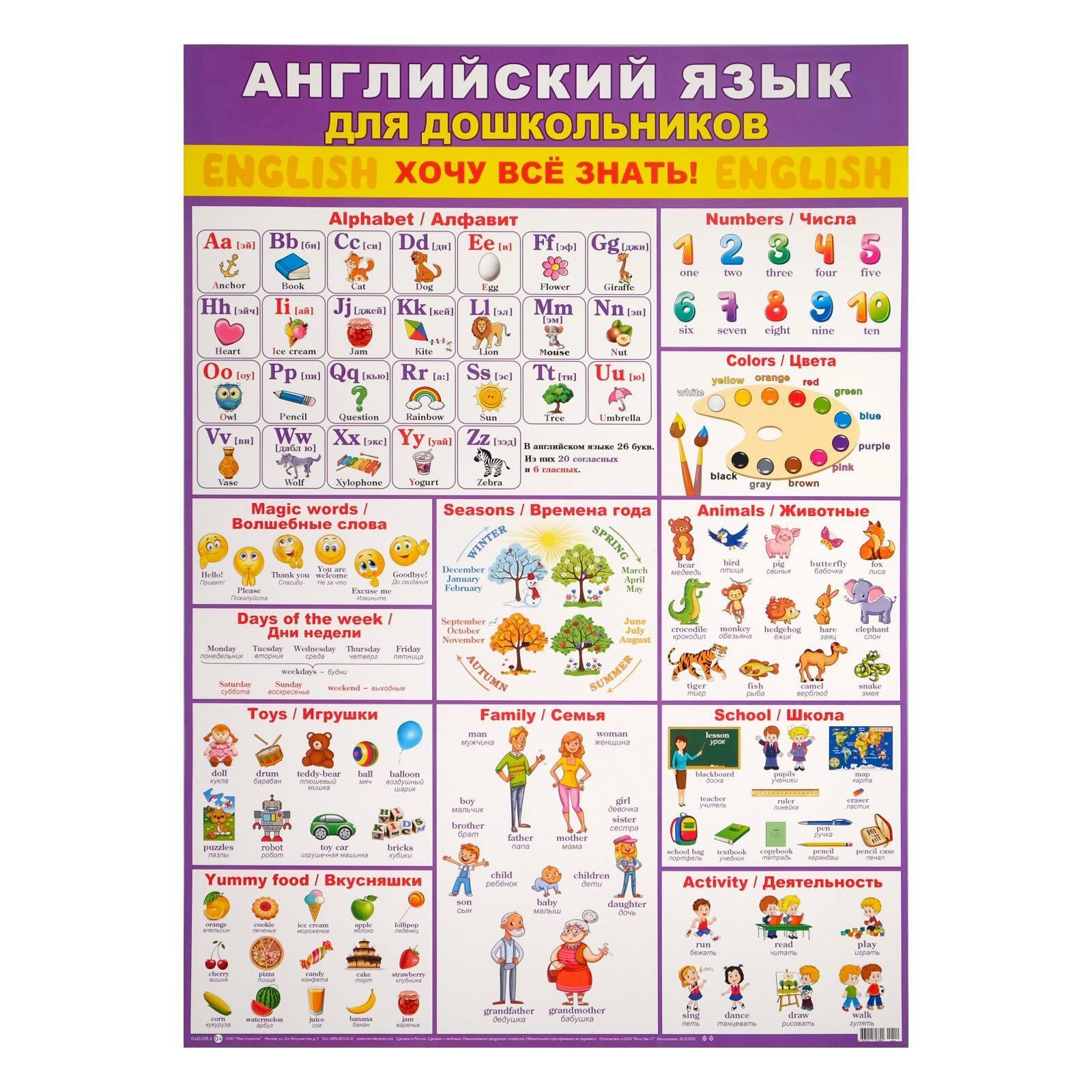 Плакат "Английский язык для дошкольников" фиолетовый фон, А2 6625819