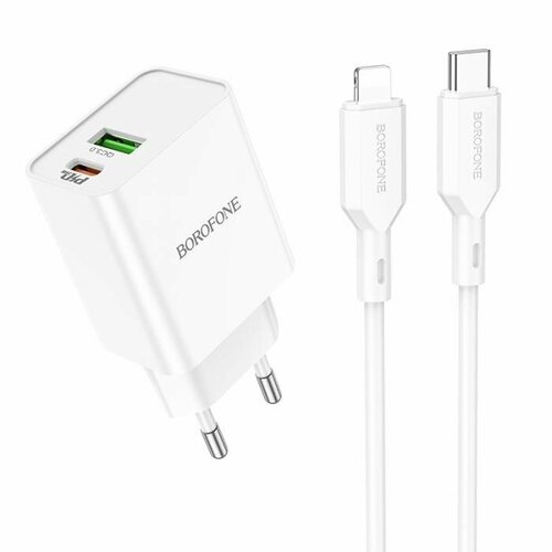 Зарядное устройство BOROFONE BA69A Resource, кабель Lightning, 1xUSB-A, 1хType-C, PD20W, белый автомобильное зарядное устройство carlive cr22i qc3 0 pd20w 38w кабель lightning черный