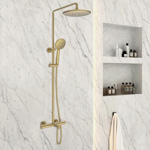 Изображение товара Душевая стойка Vincea Дизаер (Desire) VSFS-1D1TBG термостатическая с изливом, 25см верх душ, брашированное золото