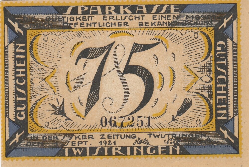 Германия (Веймарская Республика) Твистринген 75 пфеннигов 1921 г. (5)