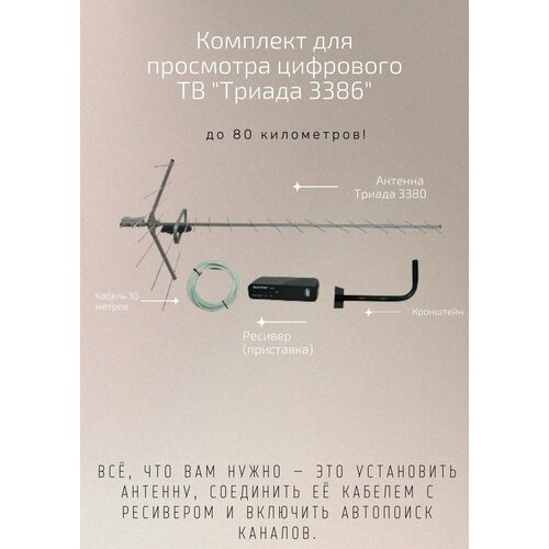 Полный комплект для дачного ТВ Триада-3386: антенна + приставка + кабель + кронштейн для приема приема цифрового ТВ в формате DVB-T2, до 80 км