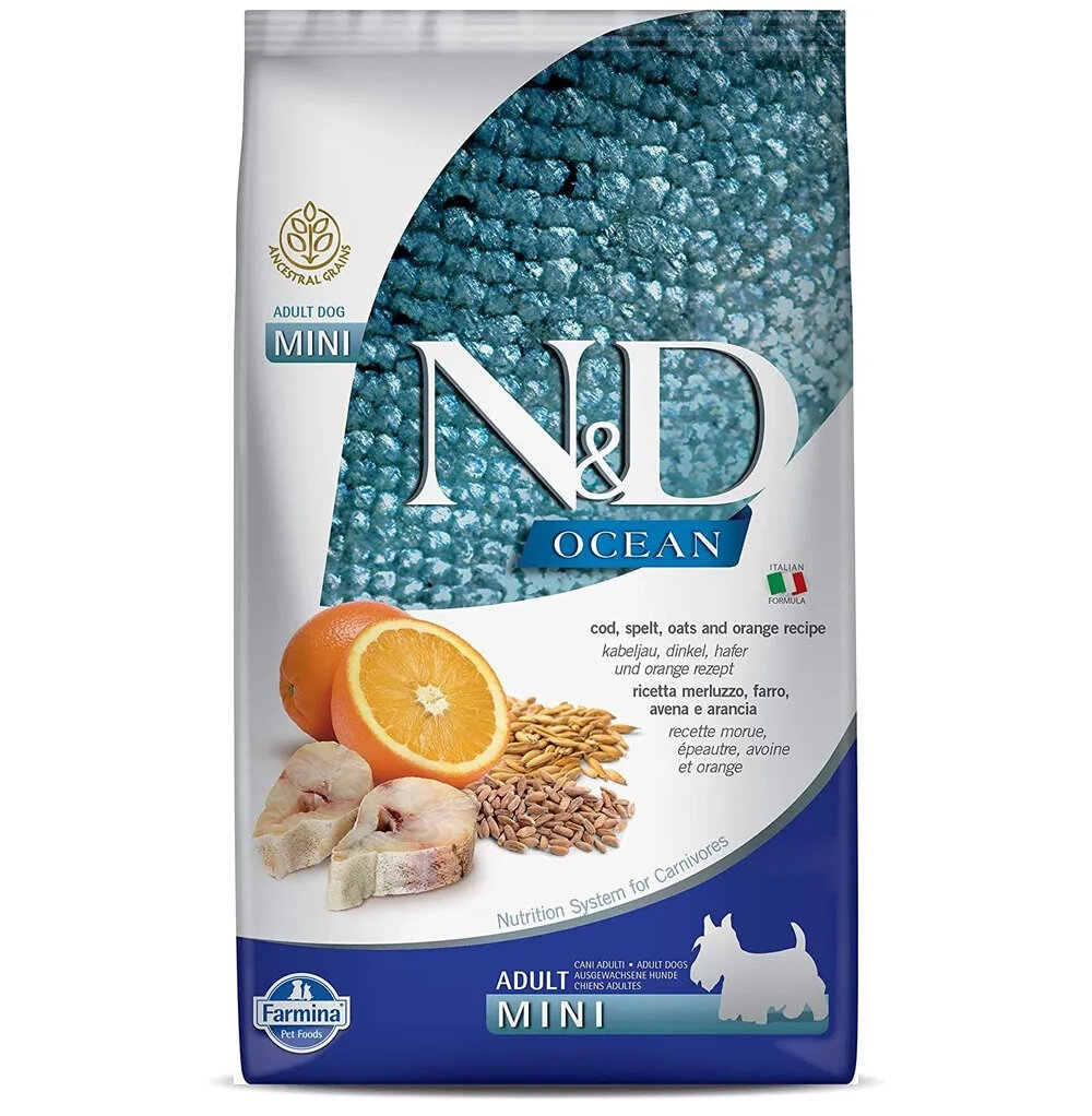 N&D OCEAN Adult MINI Cod, Spelt, Oats & Orange низкозерновой сухой корм для взрослых собак мелких пород с треской и апельсином, 800г 0.8 кг