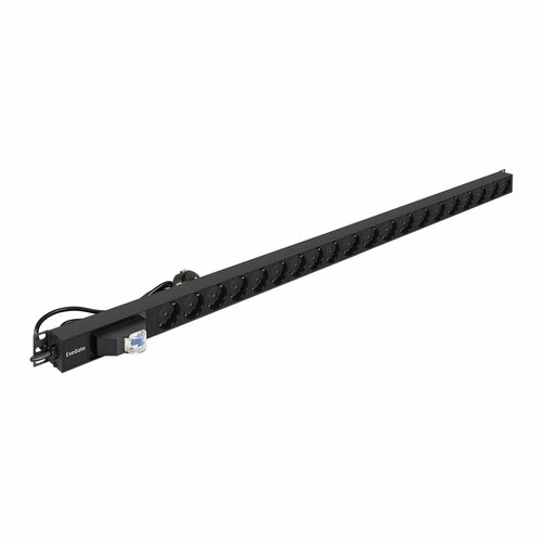 Блок розеток вертикальный ExeGate ServerPro PDU-V201 Al-20S-EU3-1P (19", 1U, Алюминий, кабель с евровилкой VDE-250V-16A-3*2.5mm2, 2.8 метра, автомат защиты, черный, RTL) EX296173RUS