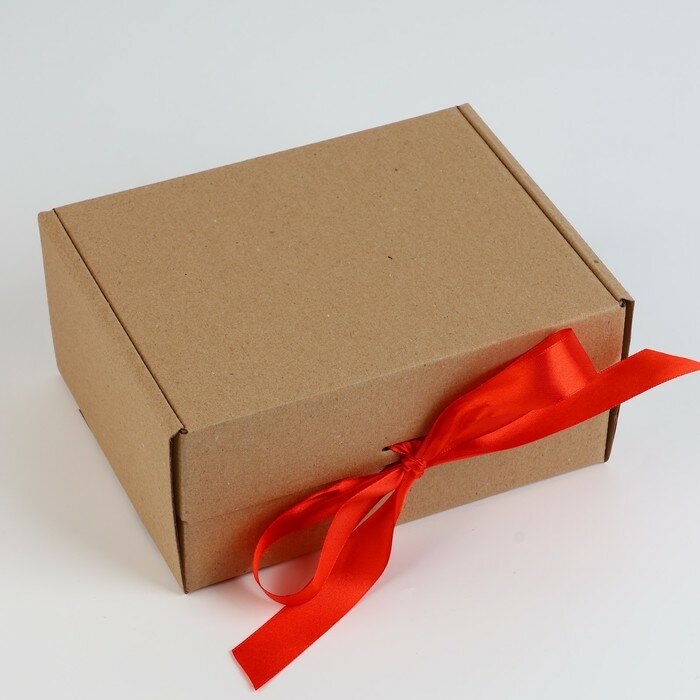 Дарите Счастье Коробка подарочная складная, упаковка, «Крафт, красная лента», 22 х 16.5 х 10 см