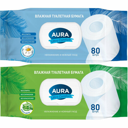 Бумага туалетная влажная AURA ULTRA COMFORT с крышкой 80шт/уп, 2 упаковки