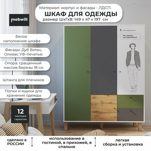 Шкаф STORY PS 6 Пушкин распашной трёхстворчатый с ящиками 14947197 Белый Олива Темно-серый Дуб Вотан 34039₽