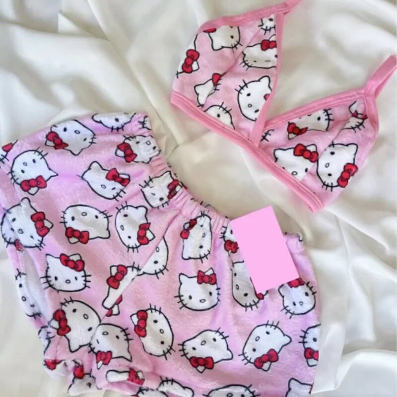 Пижамы Hello Kitty с мультяшным фоном для сна, семейная гостиная, женская пляжная одежда, лето из 2 предметов, М, Розовый