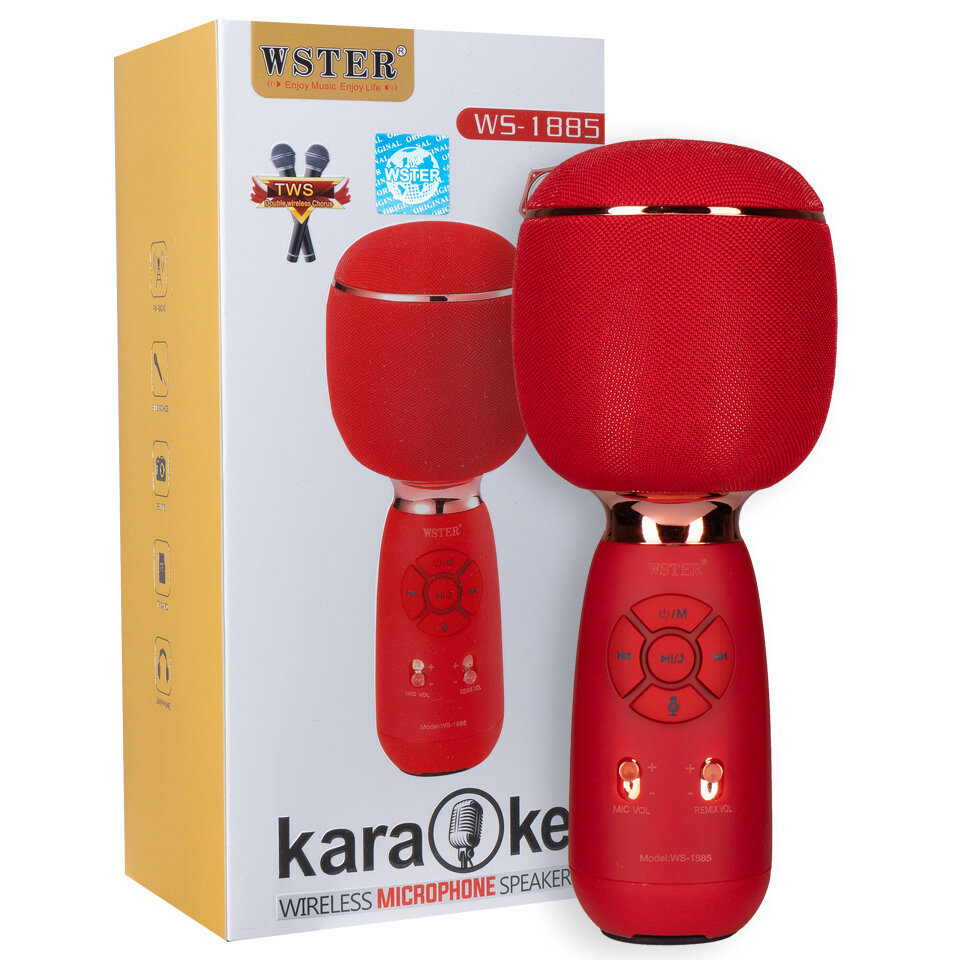 Оригинальный караоке-микрофон WSTER WS-1885 с колонкой, Bluetooth, FM-радио, красный