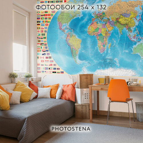Изображение товара Фотообои на стену флизелиновые встык PHOTOSTENA Карта мира на русском и флаги 2,54 x 1,32 3,25 м2