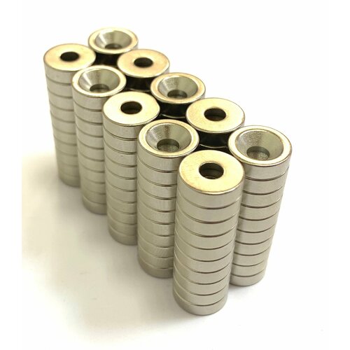 Неодимовый магнит St10/3 с зенковкой 3.5/7 мм, N35, никель - 50 шт