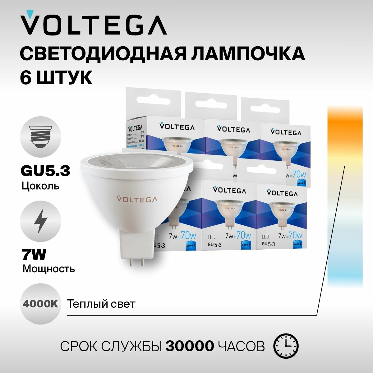 Лампочка светодиодная GU5.3 форма софит 7W нейтральный свет Voltega Simple MR16 4000K упаковка 6 шт.