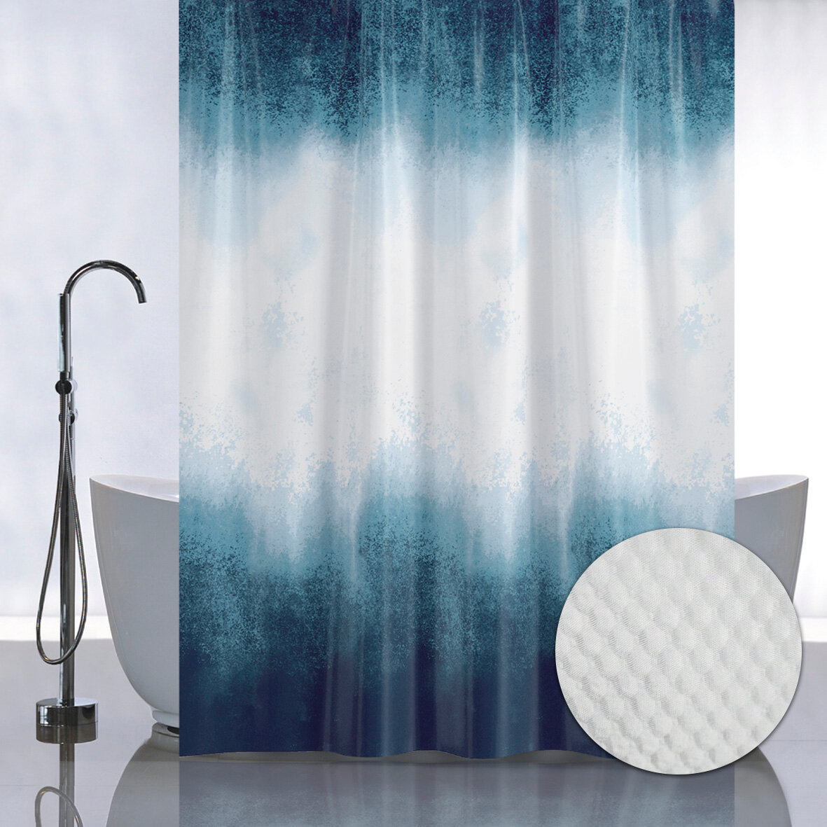 Штора санакс 05-09 бирюзовая с рельефным теснением принт морская волна в ванную комнату без колец полиэстер микрофибра 180х180 см