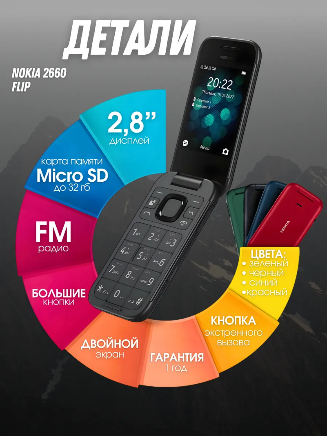 Кнопочный телефон Nokia 2660 TA-1469 DS, официальная гарантия , черный