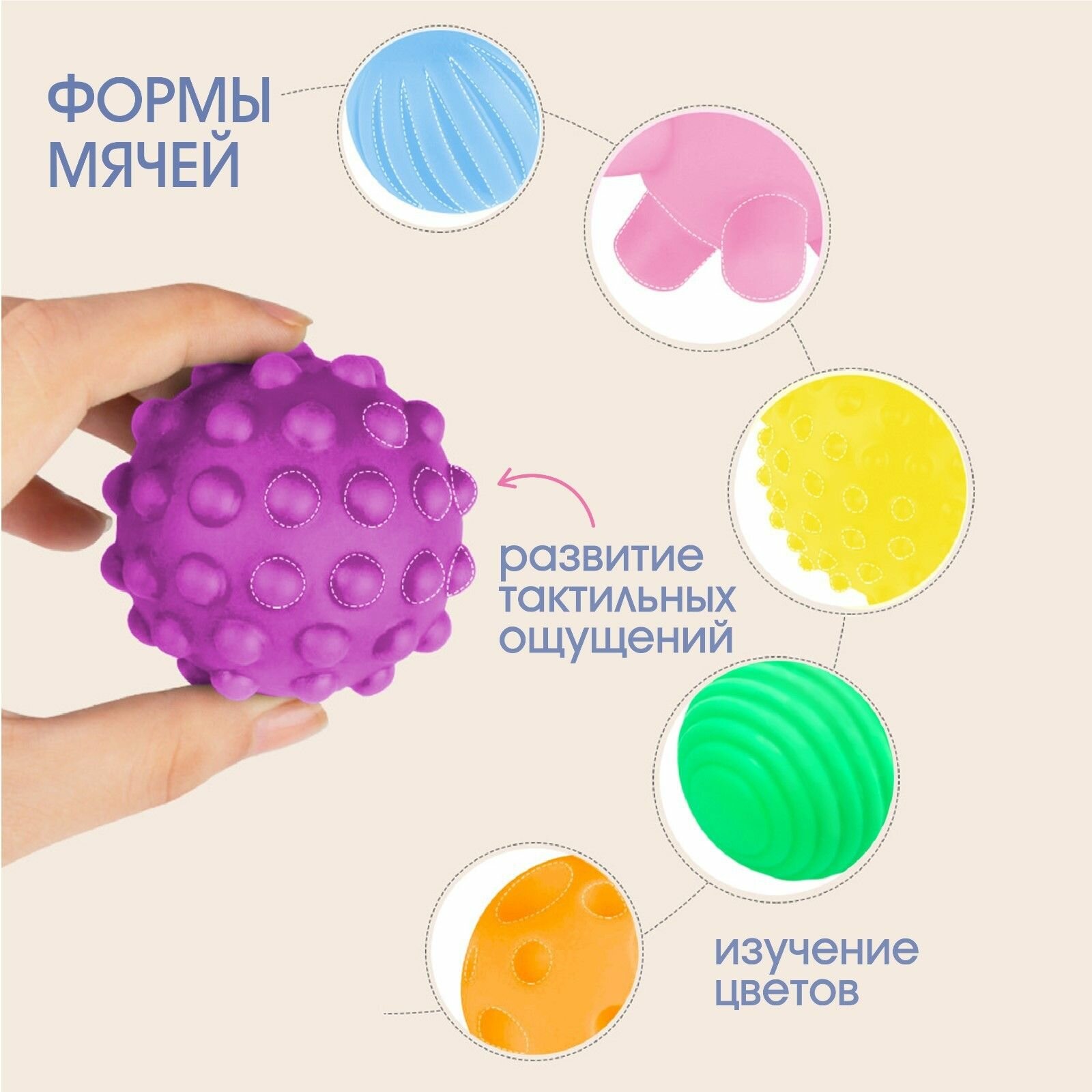 Сенсорные мячики с пищалкой, набор из 6 резиновых тактильных игрушек для купания в ванной, развивающие массажные мячики для развития мелкой моторики, Микс — фото 1