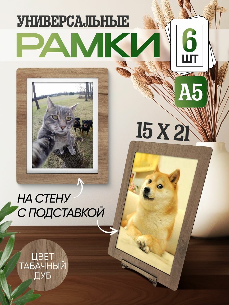 Фоторамка А5 для фотографий 15х21, набор 6 штук, цвет табачный дуб