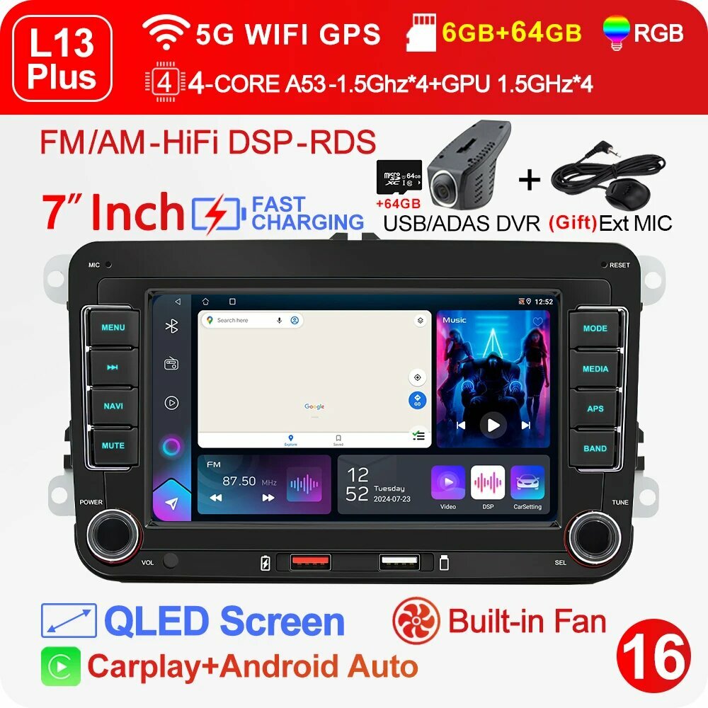 LEHX L13 2din Android 14, автомобильный радиоприемник, мультимедийный Carplay для Volkswagen VW Passat Golf Jetta Polo Skoda, авторадио, стерео GPS, 7-L13X(4-64GB)DVR