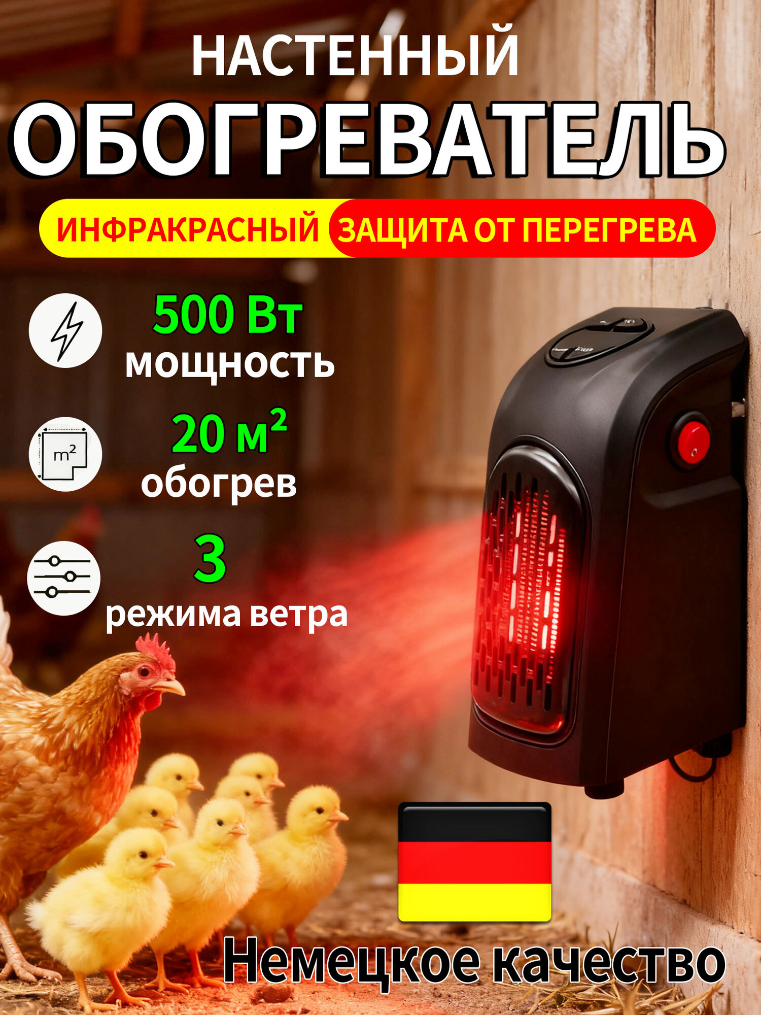 Тепловентилятор настенный портативный 400 Вт / Обогреватель до 23 м2