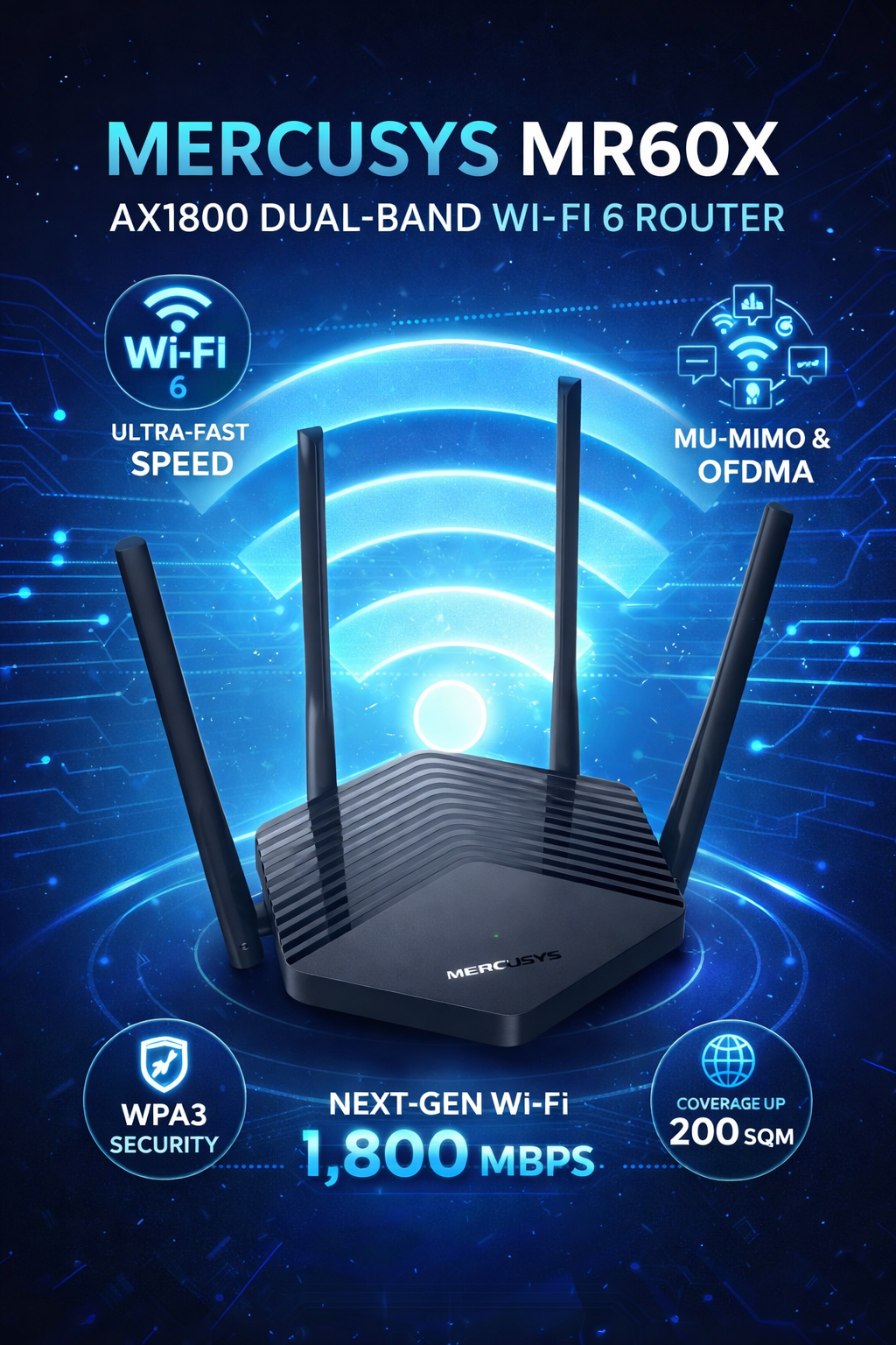 Wi-Fi-роутер Mercusys MR60X, 802.11ax, 2 LAN, 4 антенны, 1501 Мбит