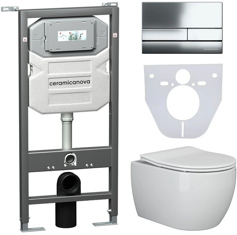 фото Комплект унитаза с инсталляцией Ceramica Nova Play CN3001_1002CH_1000 с сиденьем Микролифт и клавишей смыва Хром