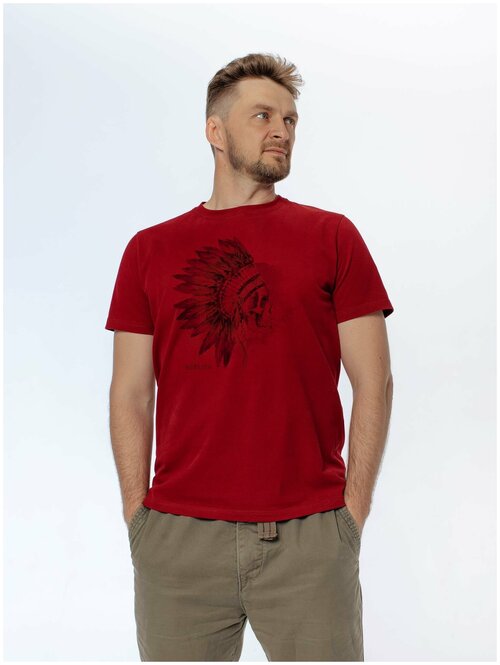 Бордовая мужская футболка с принтом индеец-череп (S)
