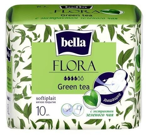 Прокладки женские гигиенические bella FLORA Green tea с экстрактом зеленого чая 10 шт.