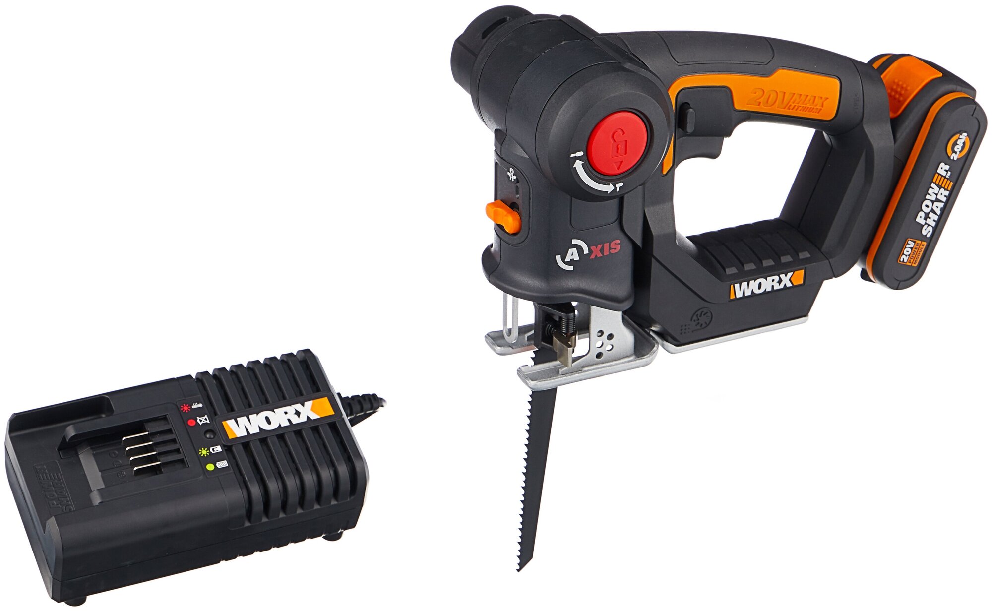 Аккумуляторный электролобзик Worx WX550 2.0Ач х1 кейс, 20 Вт черный