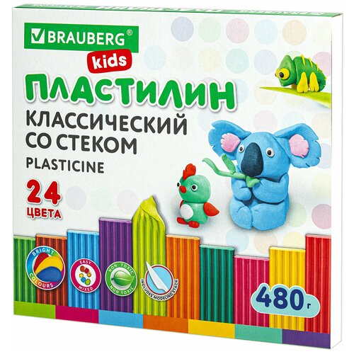 Пластилин классический для лепки (набор) для детей Brauberg Kids, 24 цвета, 500 г, 105874