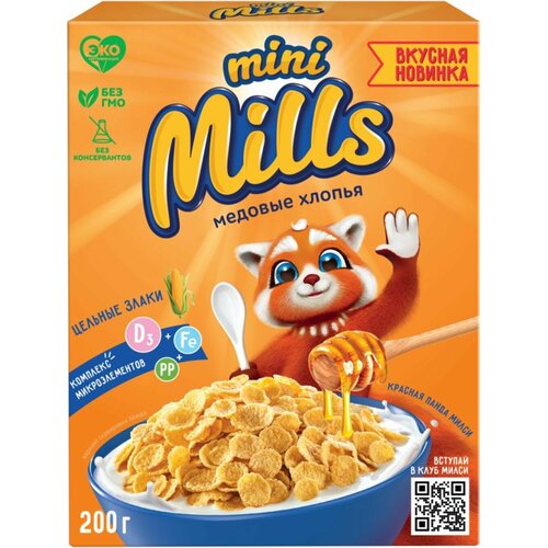 Хлопья кукурузные MINI MILLS Медовые, обогащенные витаминами и железом, 200 г - 5 шт.