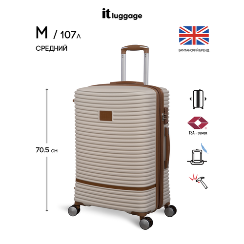 фото Чемодан it luggage, пластик, abs-пластик, увеличение объема, рифленая поверхность, опорные ножки на боковой стенке, 107 л, размер m+, бежевый