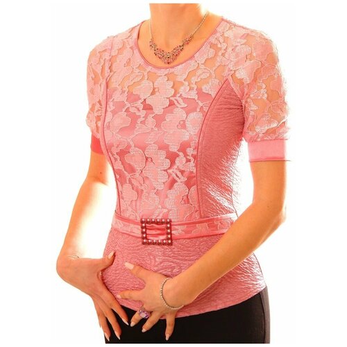 фото Блуза thedistinctive, нарядный стиль, прилегающий силуэт, короткий рукав, размер m, розовый