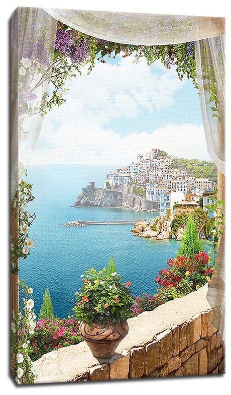 Картина Уютная стена "Балкон с видом на город у моря" 40х60 см
