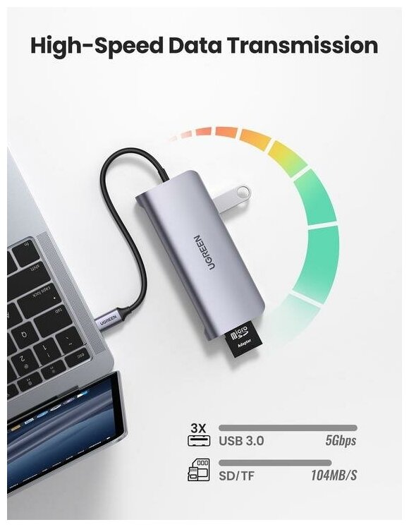 USB разветвитель Ugreen Hub 9 In 1 USB-C серый 40873
