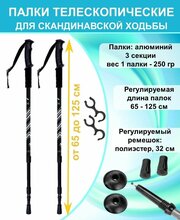 Палки для скандинавской ходьбы всесезонные ECOS Nordic Walking sticks алюминиевые, телескопические с ремешком, 3 секции, черные