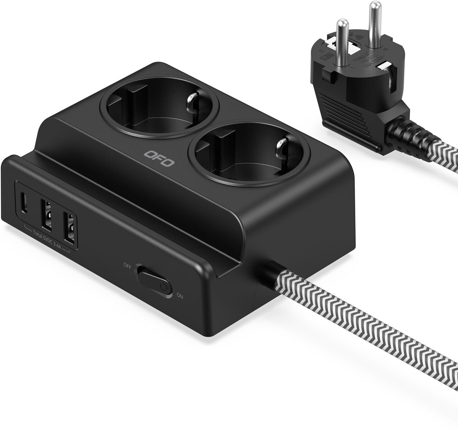 Сетевой фильтр OFOPRO удлинитель электрический бытовой 2 гнезда-розетки с/з 2 USB 1 USB TYPE C 15м 10А/2500Вт