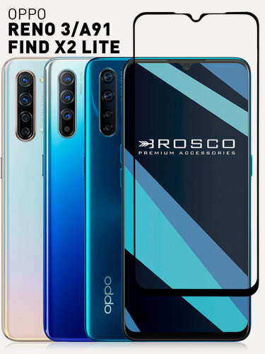 Изображение товара Защитное стекло Rosco на Oppo Reno3, A91 (Оппо Рено3 и А91), с чёрной рамкой, 1 шт