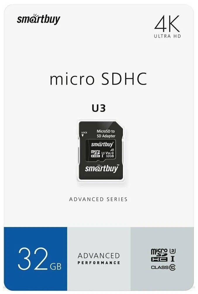 Карта памяти SmartBuy microSDHC 32 ГБ Class 10, UHS-I U3, R/W 90/55 МБ/с, адаптер на SD, 1 шт.