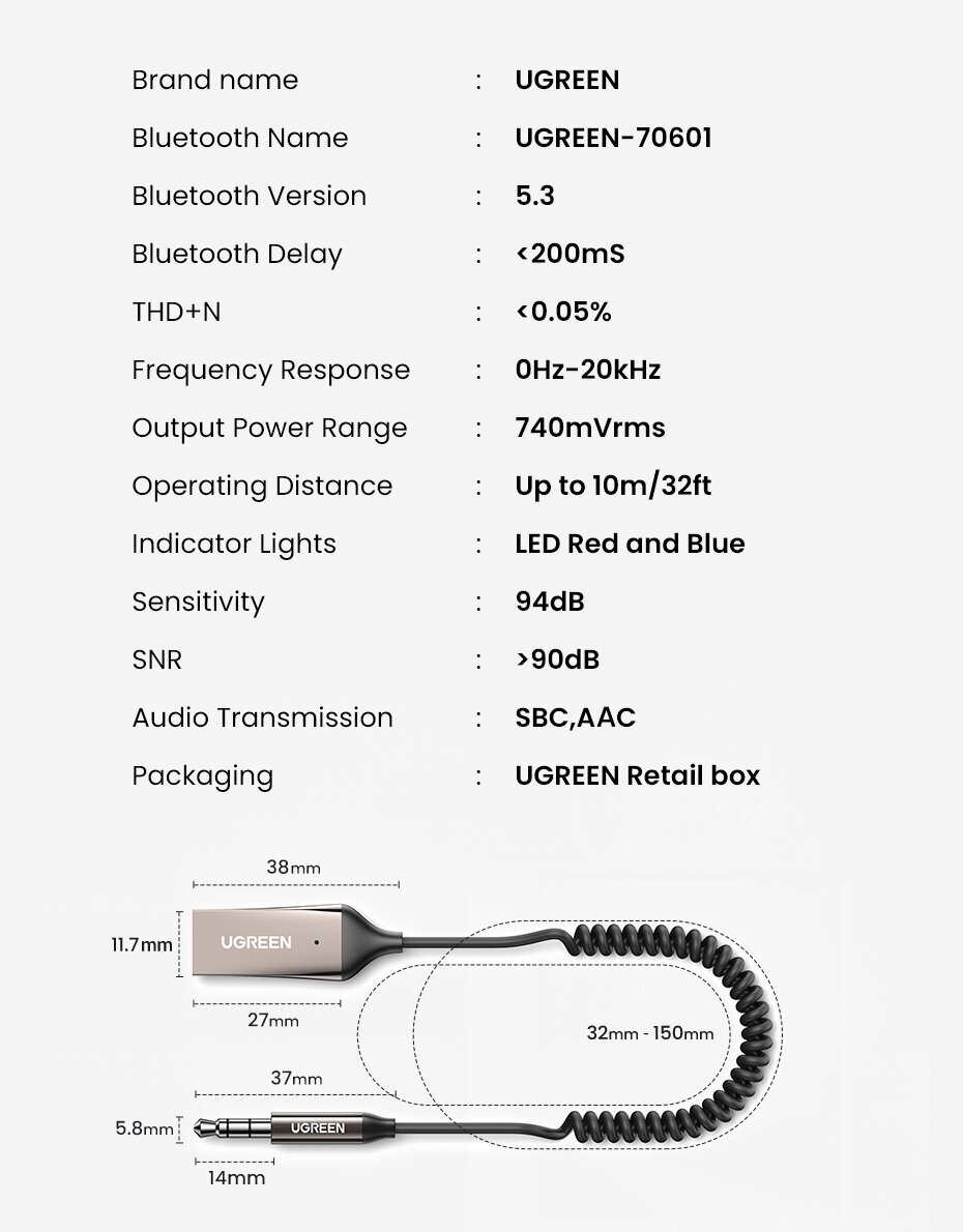 Bluetooth 53 адаптер для автомобиля / UGREEN Car Bluetooth ресивер USB-AUX 35