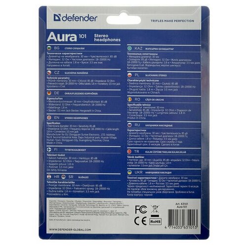 Наушники Defender Aura 101 накладные 85 дБ 32 Ом 35 мм 18 м черный 146300₽