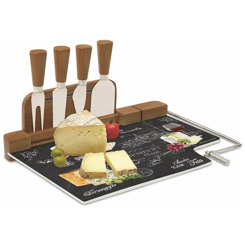 Набор для сыра: разделочная доска + 4 ножа 32х24х5 см, стекло+бамбук, Easy Life, R2S810_WOCH-AL