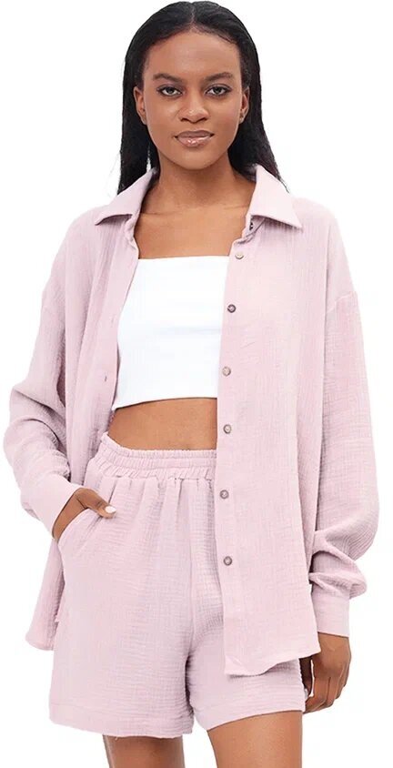 Костюм COLORNCOTTON, рубашка и шорты, повседневный стиль, свободный силуэт, карманы, размер M, розовый