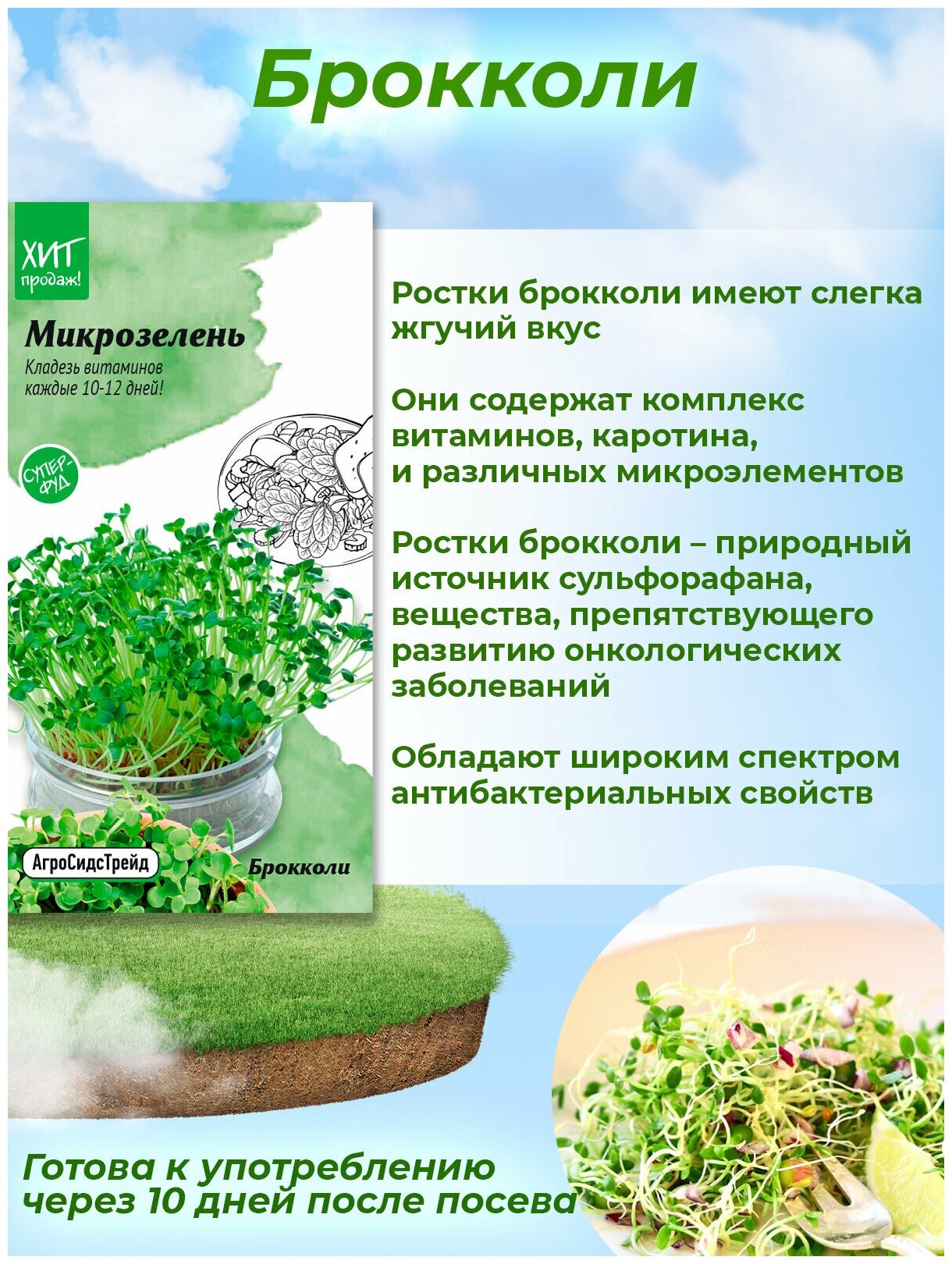 Микрозелень Брокколи для проращивания АСТ / семена для выращивания микрозелени / семена зелени для дома / для балкона / зелень на подоконнике