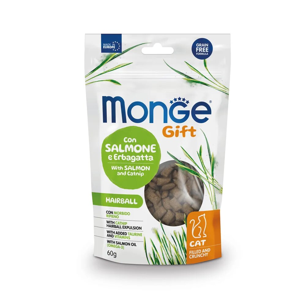 Monge Gift Hairball лакомство для кошек для вывода шерсти подушечки с лососем и кошачьей мятой 60 г