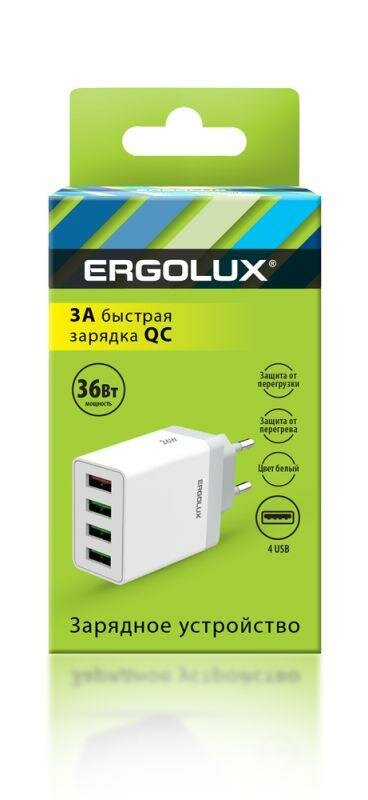 Адаптер сетевой ergolux elx-Рa02qc-c01 36Вт 4usb 100-220В 5-9В/3А 1qc+3/3А коробка белый