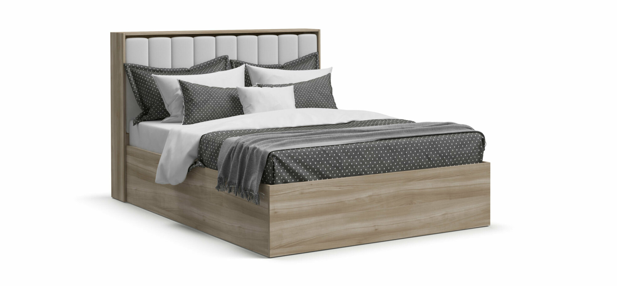 Двуспальная кровать Люкс 2.0, с подъемным механизмом, с мягким изголовьем, экокожа белая, цвет сонома, 140х200 см