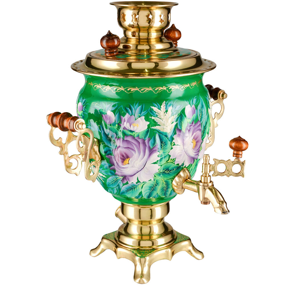 фото Самовар электрический 3 литра с художественной росписью «Пионы на зелёном в золоте» формы «Жёлудь»