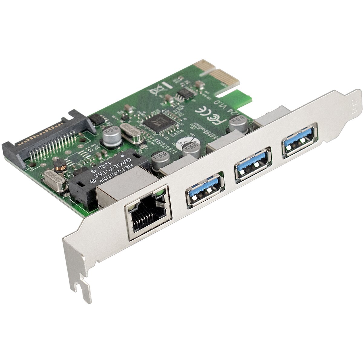 Контроллер сетевой ExeGate EXE-361 (PCI-E x1 v2.0, 3*USB3.0 ext. + LAN UTP 1000Mbps, разъем доп. питания, Chipset VL805 + RTL8153B)