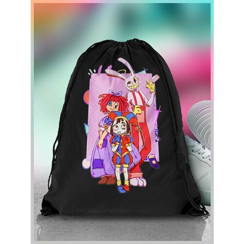 Мешок для сменной обуви ДТФ черный Мультфильм The Amazing Digital Circus Удивительный цифровой цирк Глитч хоррор Помни шут клоун рагата - 3509 690₽