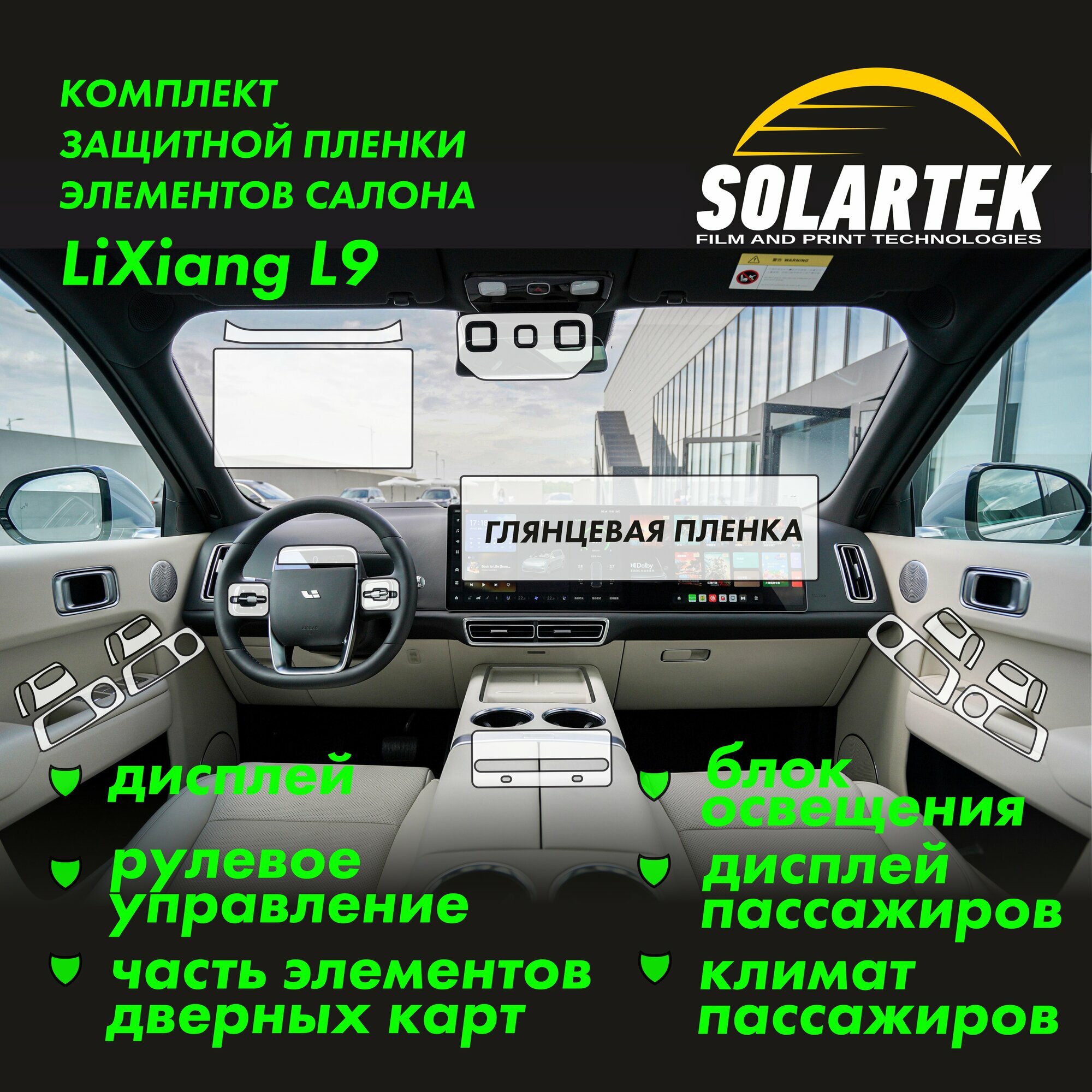 LiXiang L9 Комплект защитных глянцевых пленок на дисплей, блок освещения, дисплей пассажиров, климат пассажиров, рулевое управление и часть элементов дверных карт.